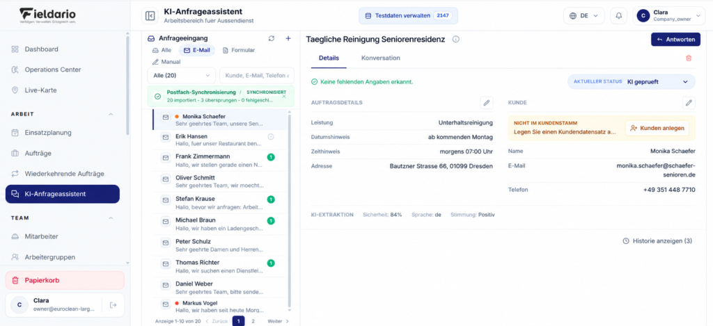 Von der KI ausgelesene Auftragsdetails und Kundendaten aus einer E-Mail-Anfrage