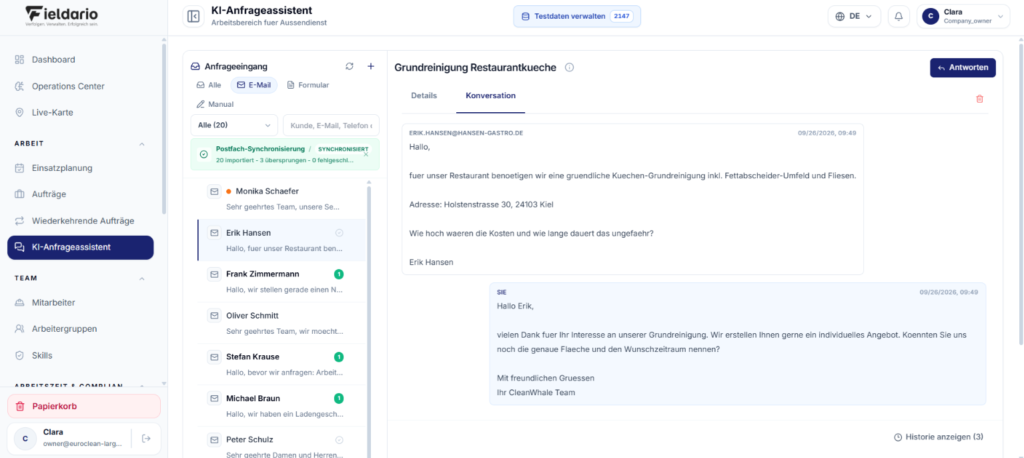 Konversationsverlauf einer Kundenanfrage mit Antwort des Betriebs