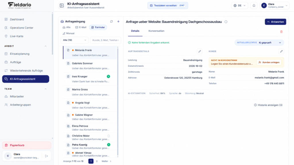 KI-Anfrageassistent: Posteingang mit Anfragen aus dem Website-Formular