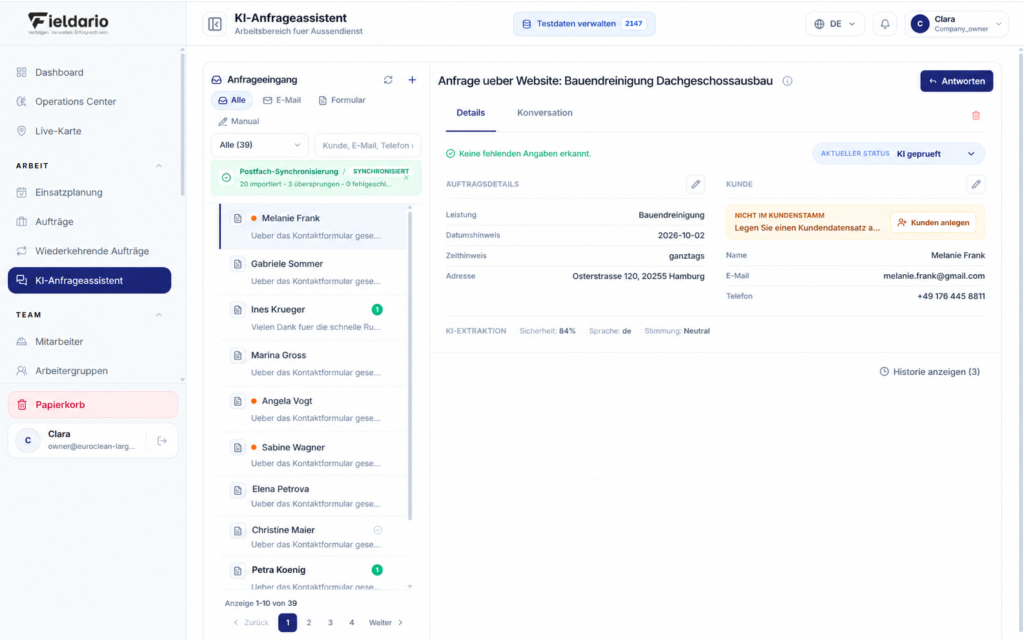 Anfrage mit erkannten Auftragsdetails und Option, den Kunden anzulegen
