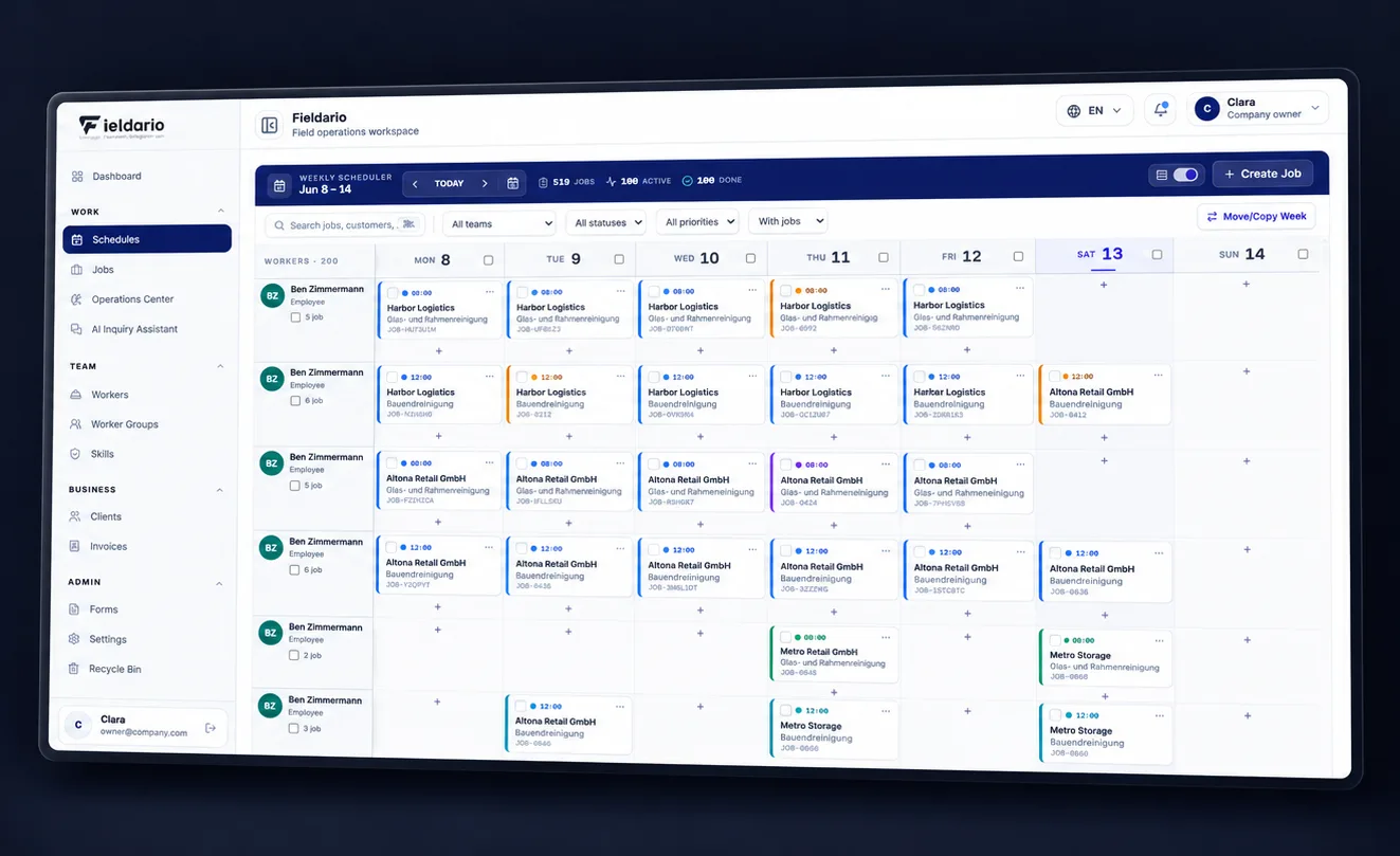 Fieldario Wochenplaner — Einsätze aller Teams auf einen Blick