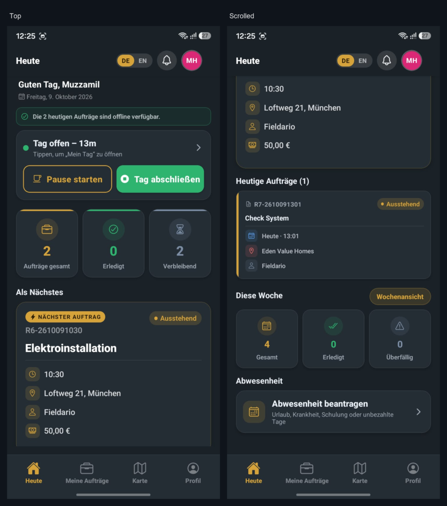 Außendienst-App: Tagesansicht mit nächstem Auftrag und Wochenübersicht
