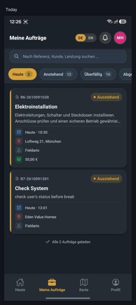 Außendienst-App für den Gebäudeservice: Aufträge des Tages mit Adresse