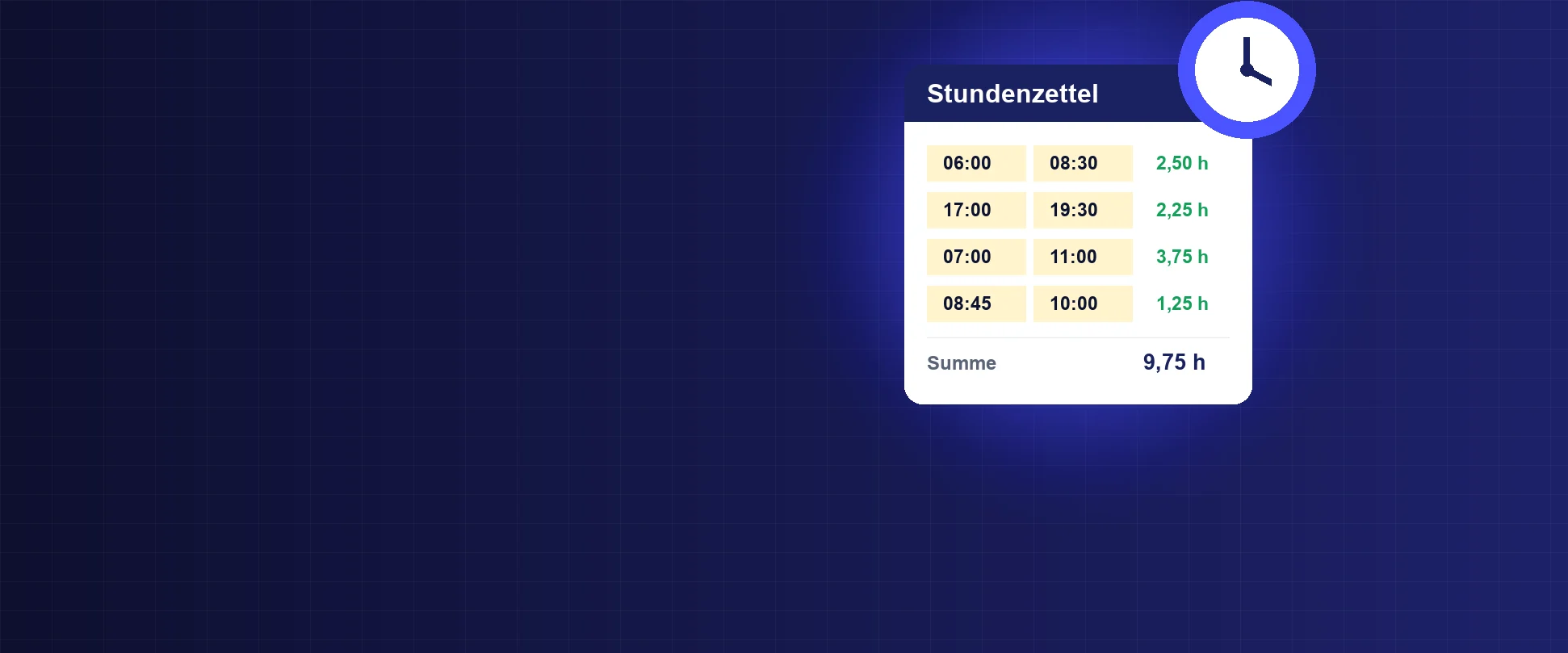 Stundenzettel mit Beginn, Ende und berechneter Arbeitszeit, daneben eine Uhr