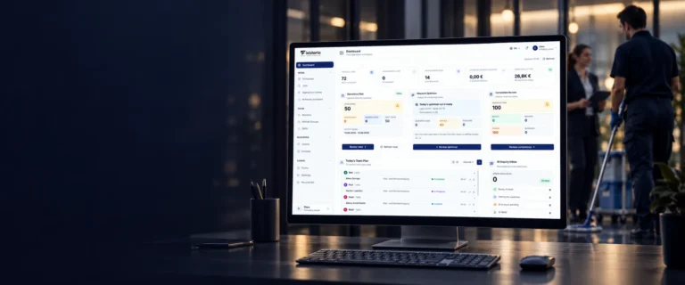 Fieldario Dashboard am Bildschirm im Büro einer Reinigungsfirma