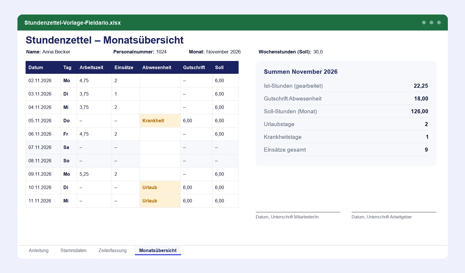 Monatsübersicht der Stundenzettel-Vorlage mit Tagesstunden, Abwesenheiten, Summen und Unterschriftszeilen