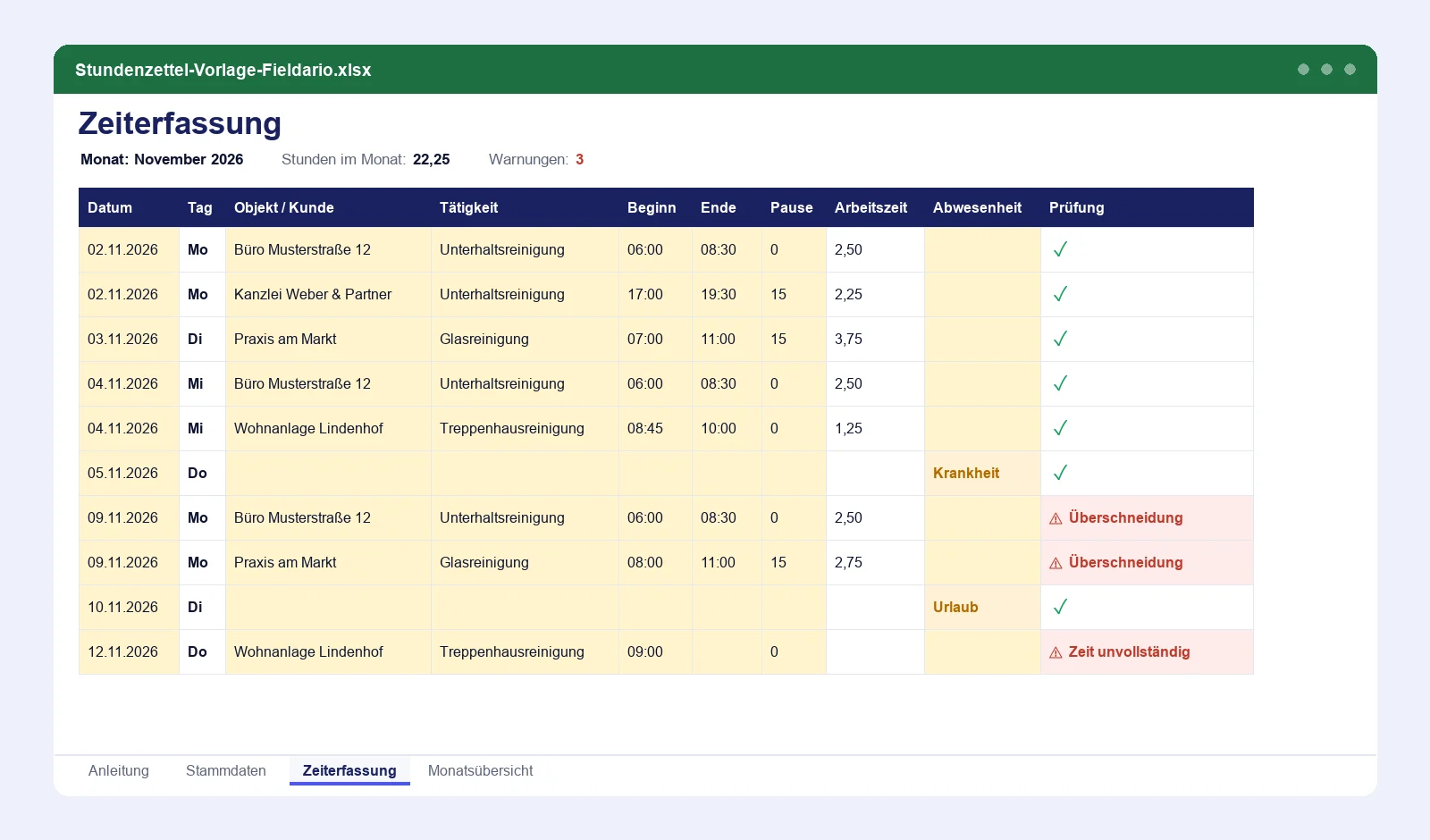 Vorschau der Stundenzettel-Vorlage für Excel: Zeiterfassung mit Beginn, Ende, Pause, berechneter Arbeitszeit und Prüfung